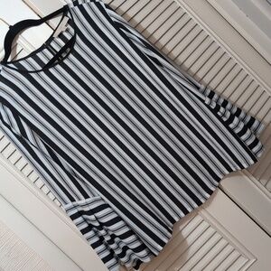 Ann Taylor Loft LS black and white stripe blouse bell sleeves M